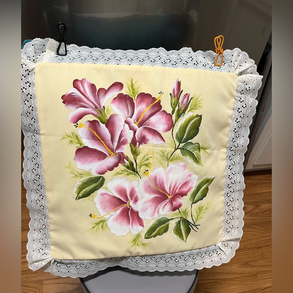 Hand painted Pink Hibiscus Flowers  Decorative Pillowcase with Lace Trim